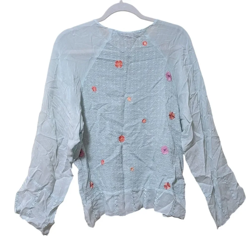 Johnny Was floral embroidered top semi sheer keyhole tie ditzy dainty size XL